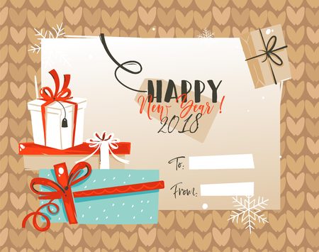 Hand drawn vector abstract Merry Christmas and Happy New Year time vintage cartoon illustrations greeting card template tag with surprise gift boxes and typography text isolated on knitted backgroundのイラスト素材