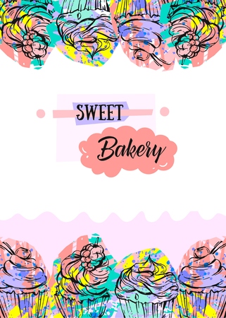 Hand drawn abstract seamless artistic abstract creative colorful cupcakes and berries card template isolated on white background.のイラスト素材