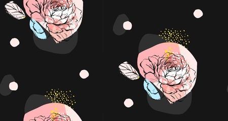 Hand made vector abstract textured trendy creative universal collage seamless pattern with floral peony motif isolated on black background with different textures and shapes.Modern graphic designのイラスト素材