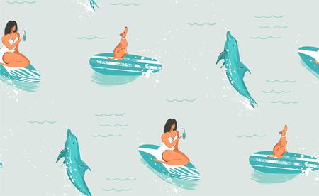 Hand drawn vector abstract cute summer time cartoon illustrations seamless pattern with surfer swimming girl and dolphins in blue ocean water background.のイラスト素材