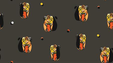 Hand drawn vector abstract ink drawing sketch illustrations seamless pattern collage with tribal tropical wildlife tigers heads isolated on black backgroundのイラスト素材