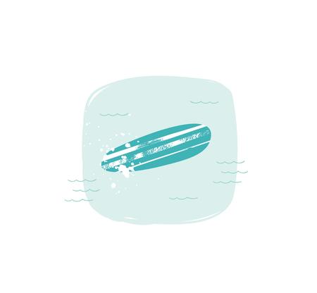 Hand drawn vector abstract cartoon summer time fun illustration with surfboard in simple blue ocean waves isolated on white backgroundの写真素材