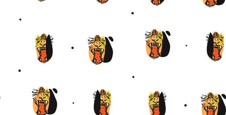 Hand drawn vector abstract ink drawing sketch illustrations seamless pattern collage with tribal tropical wildlife tigers heads isolated on white background.のイラスト素材