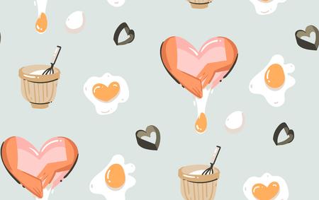 Hand drawn vector abstract modern cartoon cooking time fun illustrations icons seamless pattern with cooking woman preparing hands,eggs and pot isolated on blue backgroundのイラスト素材