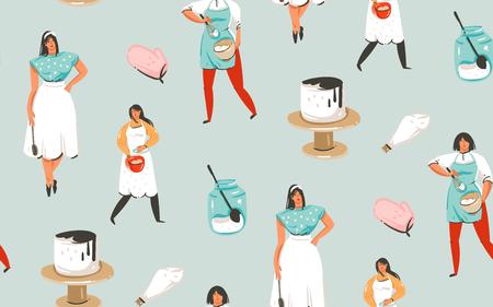 Hand drawn vector abstract modern cartoon cooking time fun illustrations seamless pattern with cooking chef womans in white aprons preparing cookies and food isolated on blue background.のイラスト素材