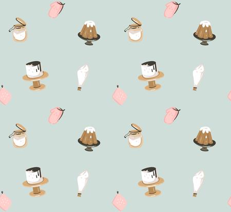 Hand drawn vector abstract modern cartoon cooking time fun illustrations icons seamless pattern with cooking equipment,cakes and food isolated on blue background.のイラスト素材