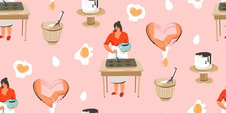Hand drawn vector abstract modern cartoon cooking time fun illustrations seamless pattern with cooking chef womans in white aprons preparing cookies and food isolated on pink pastel background.のイラスト素材