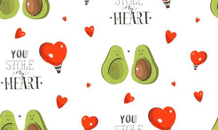 Hand drawn vector abstract modern cartoon Happy Valentines day concept illustrations seamless pattern with avocado couple,hearts shape and handwritten calligraphy text isolated on white backgroundのイラスト素材