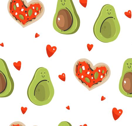 Hand drawn vector abstract modern cartoon Happy Valentines day concept illustrations seamless pattern with cute avocado couple,heart shape pizza and many hearts isolated on white backgroundのイラスト素材