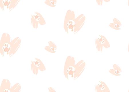 Hand drawn vector abstract modern cartoon Happy Valentines day concept illustrations seamless pattern with cute cats paws in pink pastel colors isolated on white backgroundのイラスト素材