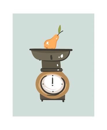 Hand drawn vector abstract modern cartoon cooking time fun illustrations icon with retro vintage kitchen scale isolated on white background.Food cooking illustrations concept designのイラスト素材