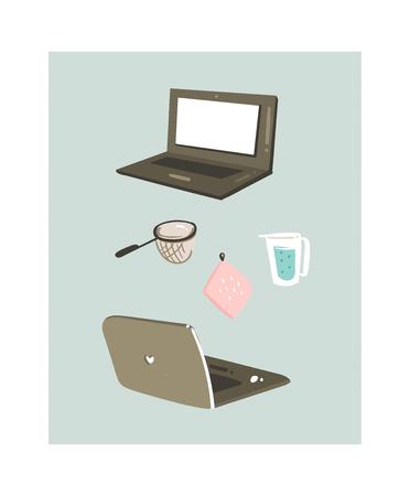Hand drawn vector abstract modern cartoon cooking time fun illustrations icons with laptops and kitchen equipments isolated on white background.のイラスト素材