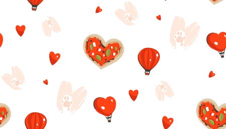 Hand drawn vector abstract modern cartoon Happy Valentines day concept seamless pattern with cute heart shape pizza,cats paws,hot air balloons and many hearts isolated on white backgroundのイラスト素材