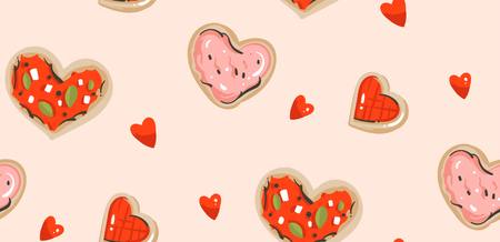 Hand drawn vector abstract modern cartoon Happy Valentines day concept seamless pattern with cute heart shape pizza,cookies and many hearts isolated on pink pastel backgroundのイラスト素材