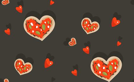 Hand drawn vector abstract modern cartoon Happy Valentines day concept seamless pattern with cute heart shape pizza and many hearts isolated on black backgroundのイラスト素材