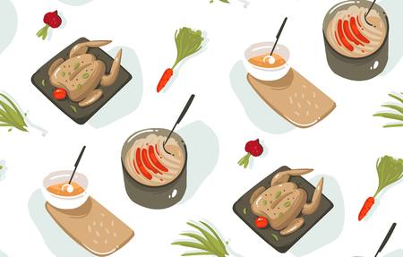 Hand drawn vector abstract modern cartoon cooking time fun illustrations icons seamless pattern with cooking equipment,vegetables,food and kitchen utensils isolated on white background.のイラスト素材