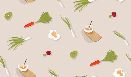 Hand drawn vector abstract modern cartoon cooking time fun illustrations icons seamless pattern with vegetables,food and kitchen utensils isolated on grey background.のイラスト素材