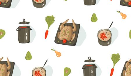 Hand drawn vector abstract modern cartoon cooking time fun illustrations icons seamless pattern with cooking equipment,vegetables,food and chicken isolated on white backgroundのイラスト素材