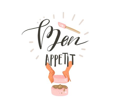 Hand drawn vector abstract modern cartoon cooking time fun illustrations sign design with woman hands making a cake and modern handwritten calligraphy Bon appetit isolated on white background.のイラスト素材