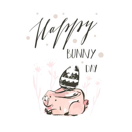 Hand drawn vector abstract sketch graphic scandinavian collage Happy Easter cute simple bunny,eggs illustrations greeting card and handwritten calligraphy Happy bunny day isolated on white background.のイラスト素材