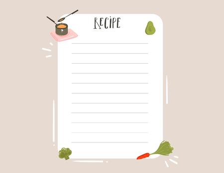 Hand drawn vector abstract modern cartoon cooking studio illustrations recipe card templete with handwritten calligraphy isolated on white background.のイラスト素材