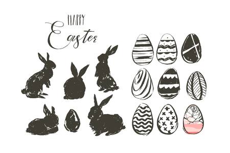 Hand drawn vector abstract graphic scandinavian collage Happy Easter cute illustrations greeting collection set with bunny silhouettes and easter eggs isolated on white background.のイラスト素材