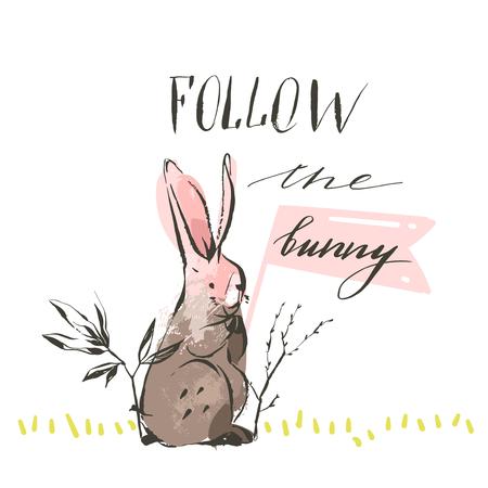 Hand drawn vector abstract graphic scandinavian collage Happy Easter cute simple bunny illustrations greeting card and handwritten modern calligraphy follow the bunny isolated on white background.のイラスト素材
