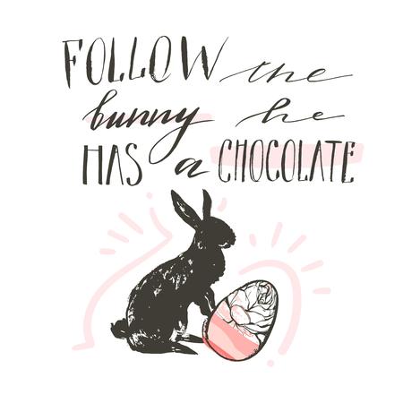 Hand drawn vector abstract scandinavian collage Happy Easter bunny,egg illustrations greeting card and handwritten modern calligraphy Follow the bunny he has a chocolate isolated on white background.のイラスト素材