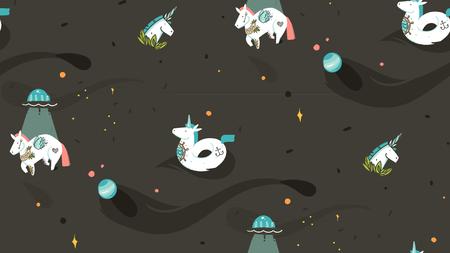 Hand drawn vector abstract graphic creative cartoon illustrations seamless pattern with cosmonaut unicorns with old school tattoo,unicorn float and ufo spaceship in cosmos isolated on black backgroundのイラスト素材