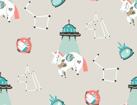 Hand drawn vector abstract graphic creative artistic cartoon illustrations seamless pattern with astronaut unicorns with old school tattoo,stars,planets and spaceship isolated on pastel backgroundのイラスト素材