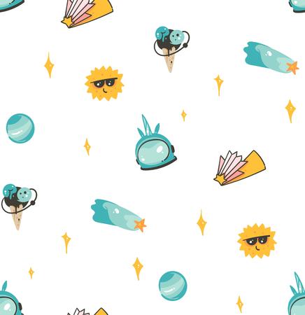 Hand drawn vector abstract graphic creative artistic cartoon illustrations scandinavian seamless pattern with comets,planets,stars,sun and unicorn astronaut isolated on white backgroundの写真素材