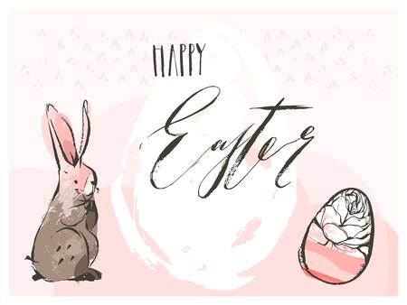 Hand drawn vector abstract graphic scandinavian Happy Easter cute simple bunny,eggs illustrations greeting card and Happy Easter handwritten calligraphy isolated on pink pastel colored backgroundのイラスト素材