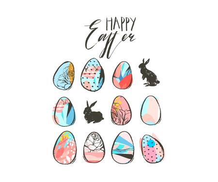 Hand drawn vector abstract graphic scandinavian collage Happy Easter simple bunny silhouette,eggs illustrations greeting card and Happy Easter handwritten calligraphy isolated on white backgroundのイラスト素材