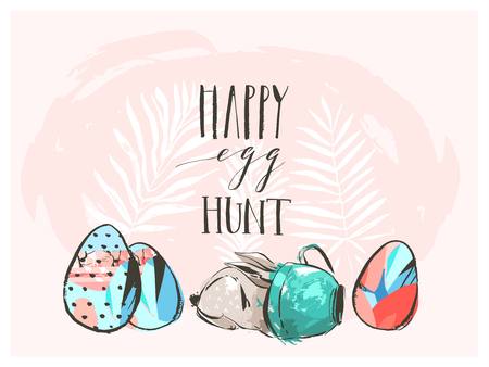 Hand drawn vector abstract graphic scandinavian collage Happy Easter cute simple bunny,eggs illustrations greeting card and Happy Egg hunt handwritten calligraphy isolated on pink pastel backgroundのイラスト素材