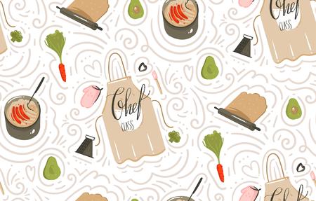 Hand drawn vector abstract modern cartoon cooking time fun illustrations icons seamless pattern with vegetables,apron,food,kitchen utensils and modern calligraphy isolated on white backgroundのイラスト素材