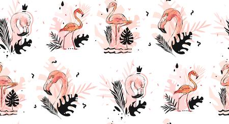 Hand drawn vector abstract graphic freehand textured sketch pink flamingo and tropical palm leaves drawing illustration seamless pattern with modern confetti elements isolated on white background.のイラスト素材