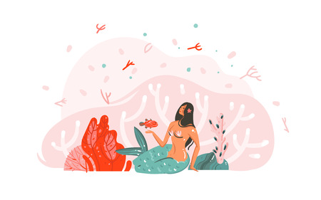 Hand drawn vector abstract cartoon graphic summer time underwater illustrations poster with coral reefs, fish, stones, seaweed and beauty bohemian mermaid girl character.のイラスト素材