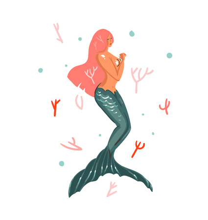Hand drawn vector abstract cartoon graphic summer time underwater illustrations with coral reefs and swimming pink hair mermaid girl character.のイラスト素材