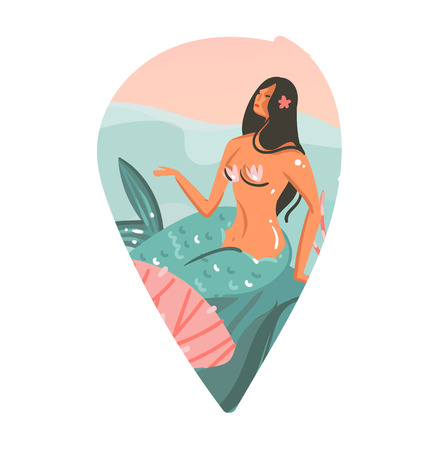 Hand drawn vector abstract cartoon summer time graphic underwater illustrations. Art template background with ocean, beauty mermaid girl and copy space background for your text.のイラスト素材
