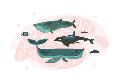 Hand drawn vector abstract cartoon graphic summer time underwater illustrations collection set with coral reefs and beauty big whales characters isolated on white backgroundのイラスト素材