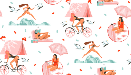 Hand drawn vector abstract graphic cartoon summer time flat illustrations seamless pattern with beauty sport girls,relaxing,running and ridding on bike isolated on white backgroundの写真素材