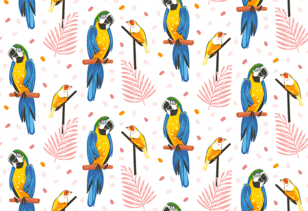 Hand drawn vector abstract cartoon summer time graphic decoration illustrations art seamless pattern with exotic tropical rainforest Gouldian finch and Parrot Macaw birds isolated on white backgroundのイラスト素材