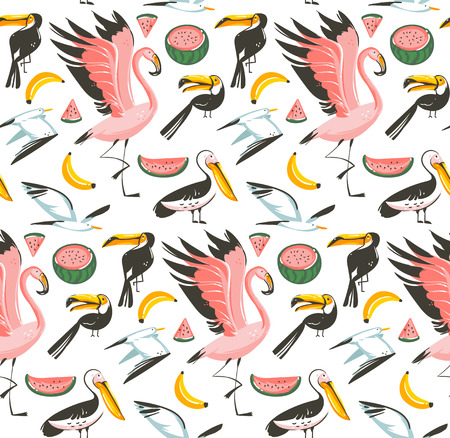 Hand drawn vector abstract cartoon graphic summer time beach illustrations seamless pattern with watermelon,gulls,flamingo and toucan birds,banana and watermelon fruits isolated on white backgroundのイラスト素材