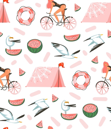Hand drawn vector abstract cartoon summer time graphic illustrations artistic seamless pattern with...