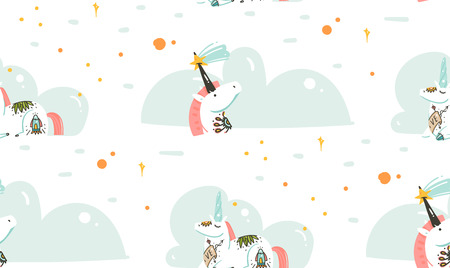 Hand drawn vector abstract graphic creative cartoon illustrations seamless pattern with beauty unicorns with old school tattoo,clouds and stars isolated on white abstract background.のイラスト素材