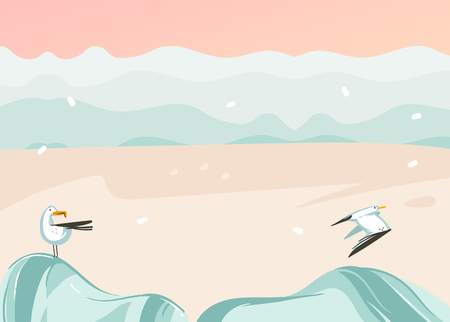 Hand drawn vector abstract cartoon summer time graphic illustrations art template background with ocean beach landscape,pink sunset,sea gull birds and copy space place for your text.のイラスト素材
