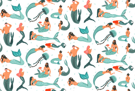 Hand drawn vector abstract cartoon summer time graphic illustrations seamless pattern collection with beauty mermaid underwater swimming girls and boys isolated on white background.のイラスト素材