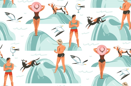 Hand drawn vector abstract graphic cartoon summer time collection flat illustrations seamless pattern with boys and girls characters on the beach with sea gulls and dog isolated on white background.のイラスト素材