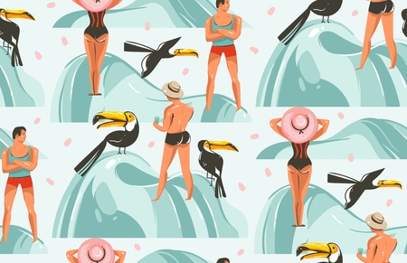 Hand drawn vector abstract graphic cartoon summer time flat illustrations seamless pattern with boys and girls characters on the beach with tropical toucan birds isolated on white background.のイラスト素材