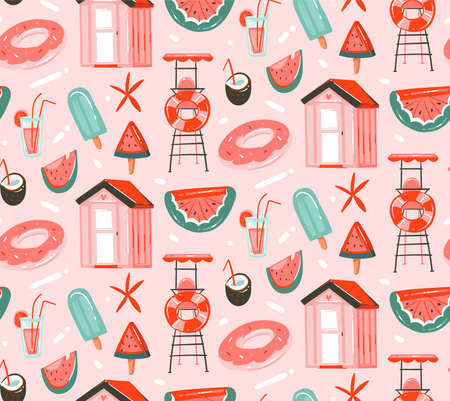 Hand drawn vector abstract graphic cartoon summer time flat illustrations seamless patterns with cocktails,watermelons float and ice cream and beach cabin isolated on pink pastel background.のイラスト素材